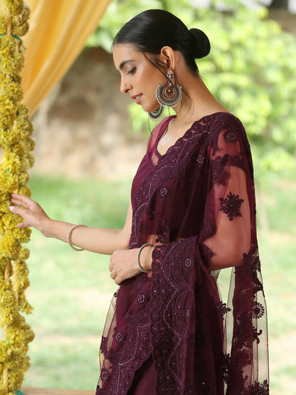 Dhiyona ST Mulberry Wine Net Saree with Embroidery & Scalloping