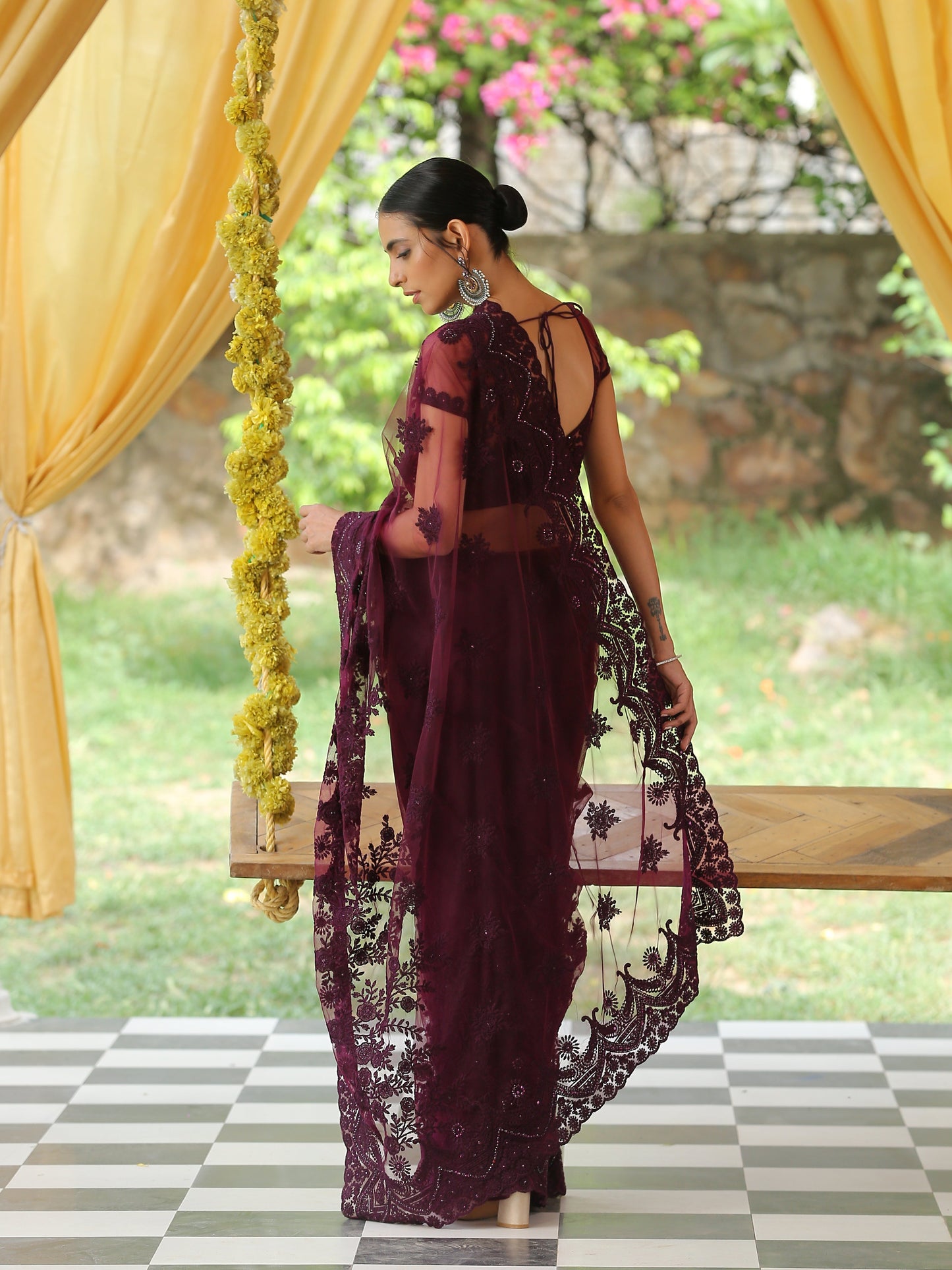 Dhiyona ST Mulberry Wine Net Saree with Embroidery & Scalloping