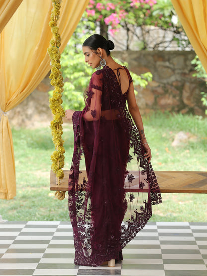 Dhiyona ST Mulberry Wine Net Saree with Embroidery & Scalloping