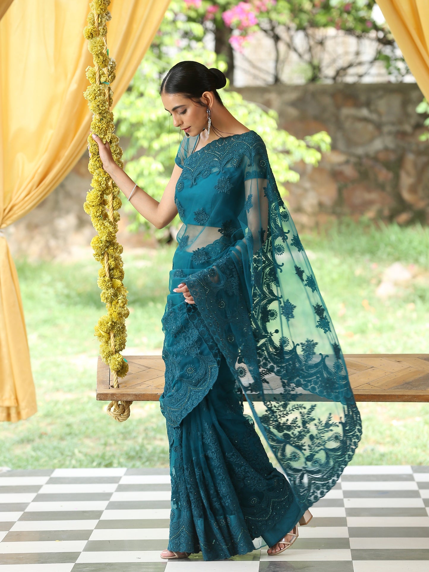 Dhiyona ST Sensual Jade Net Saree with Embroidery & Scalloping