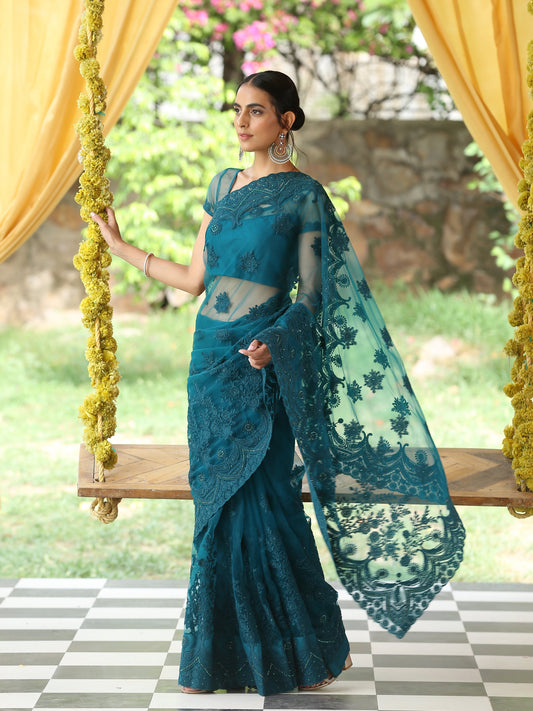 Dhiyona ST Sensual Jade Net Saree with Embroidery & Scalloping