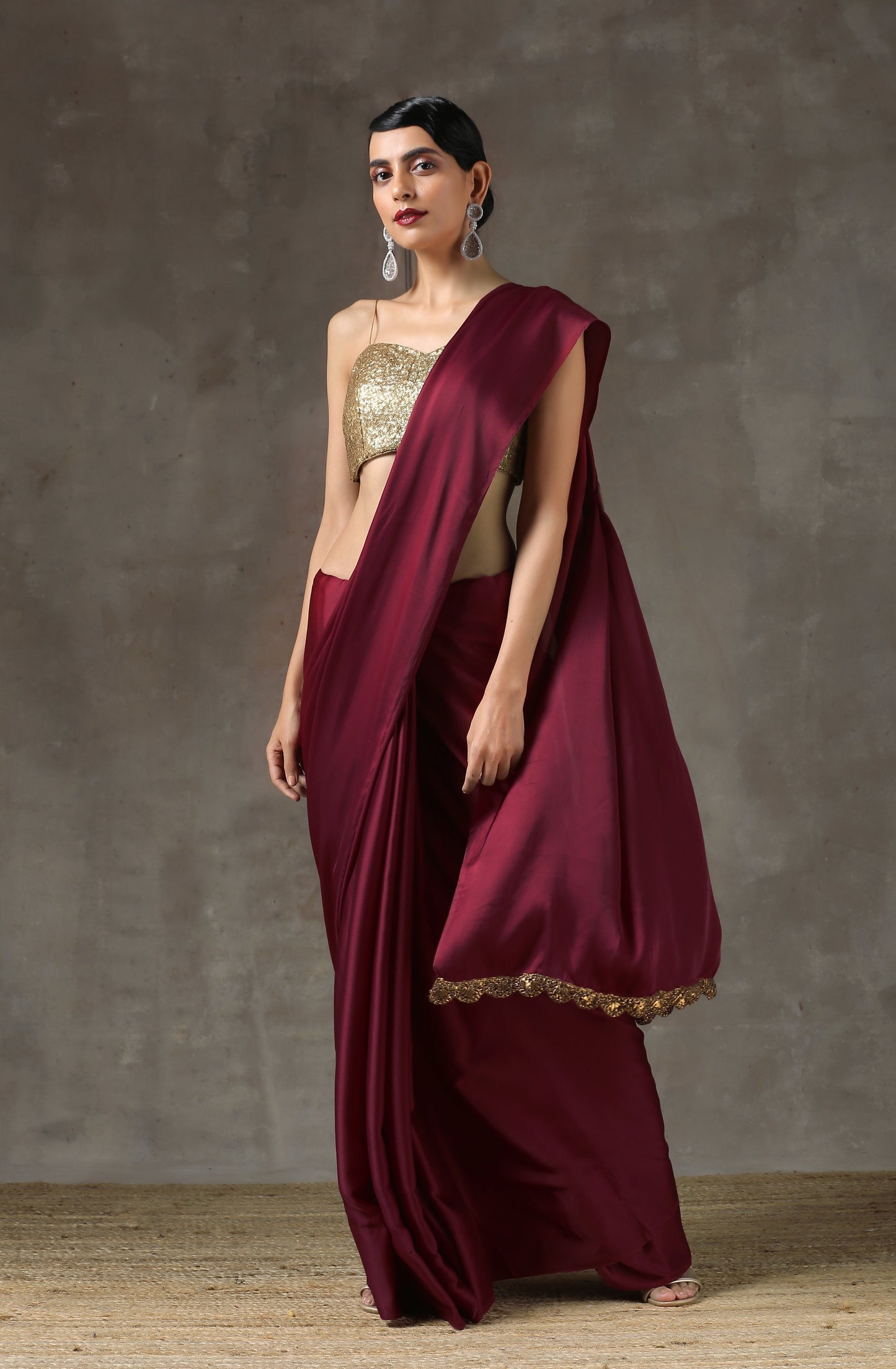 Dhiyona ST Sangria Satin Saree with Bronze Handmade Lace