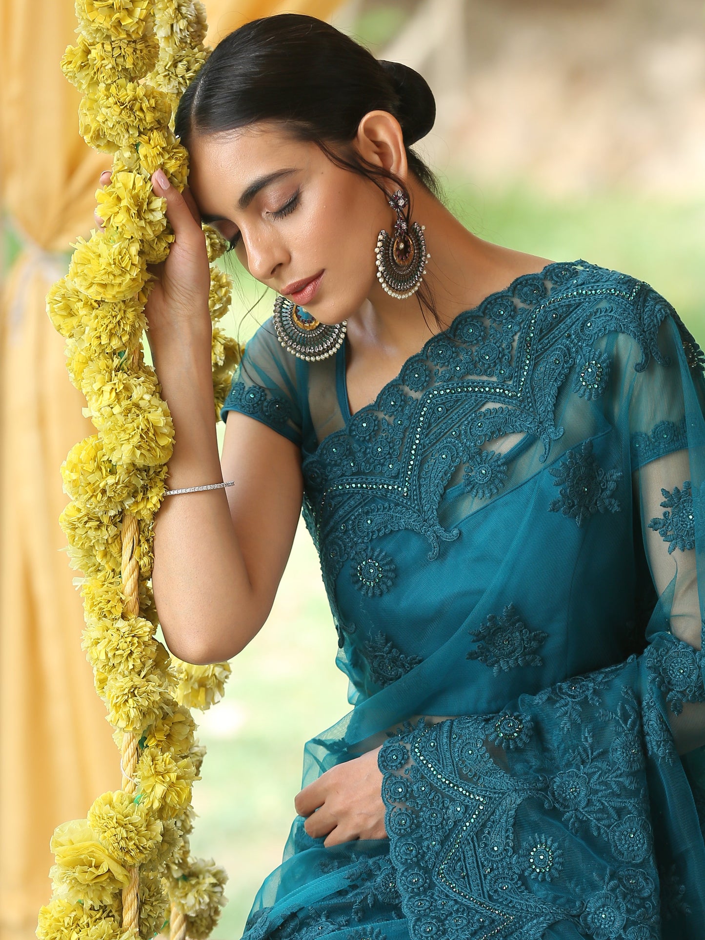 Dhiyona ST Sensual Jade Net Saree with Embroidery & Scalloping