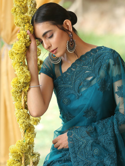 Dhiyona ST Sensual Jade Net Saree with Embroidery & Scalloping