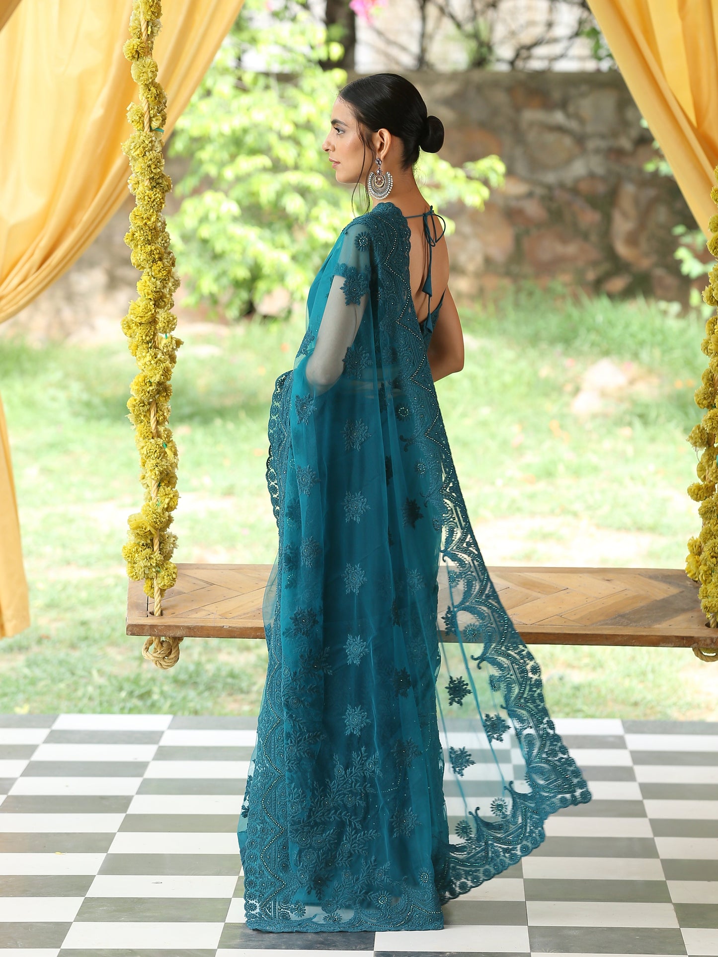 Dhiyona ST Sensual Jade Net Saree with Embroidery & Scalloping