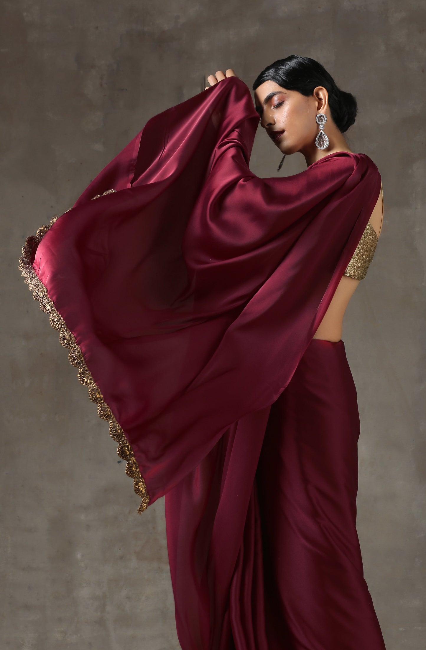 Dhiyona ST Sangria Satin Saree with Bronze Handmade Lace