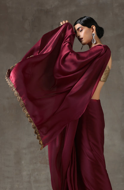 Dhiyona ST Sangria Satin Saree with Bronze Handmade Lace