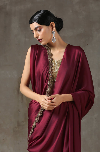 Dhiyona ST Sangria Satin Saree with Bronze Handmade Lace
