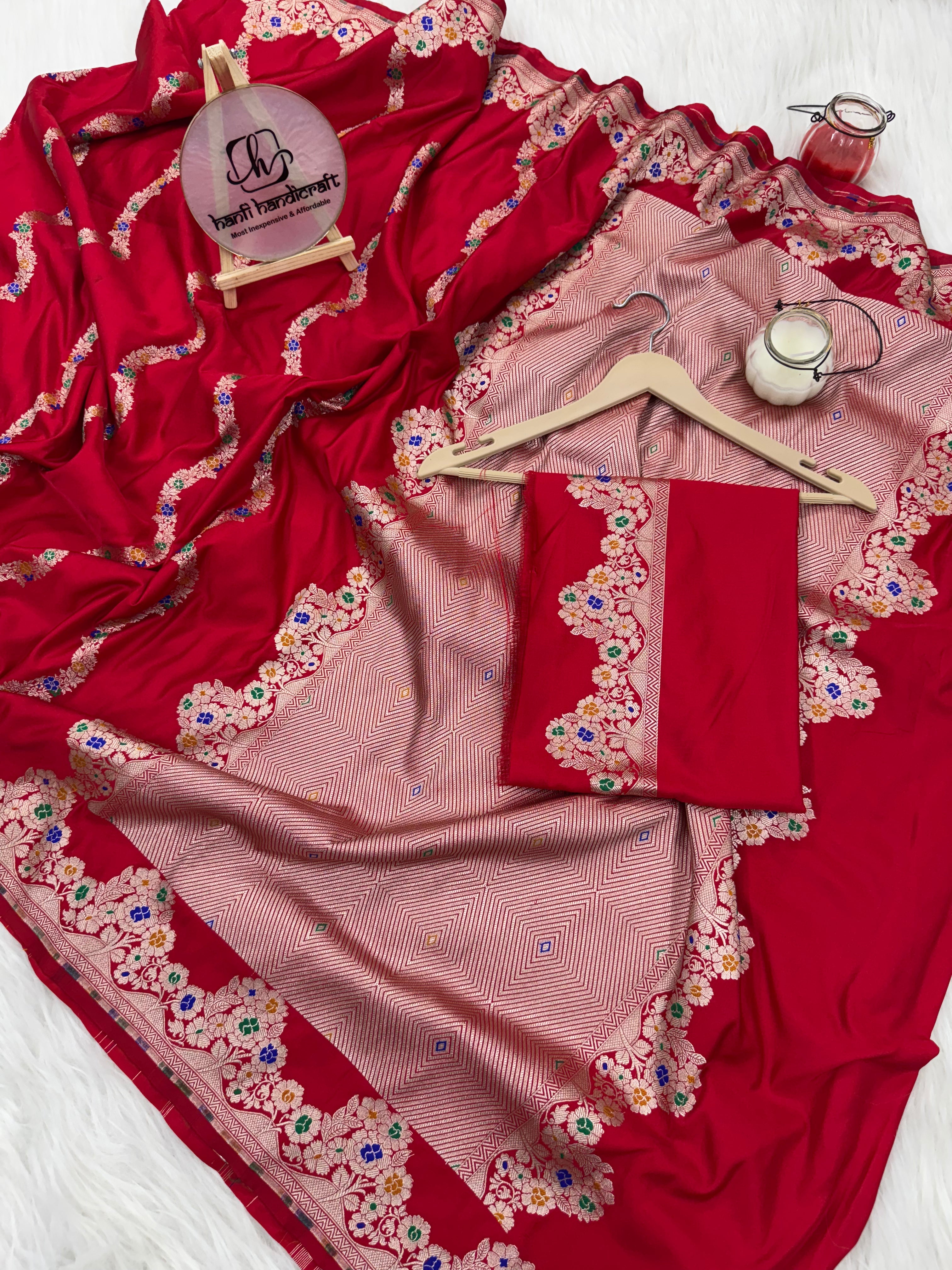Dhiyona HH Premium Red Banarasi Alfi Pattern Ultra Soft Mashru Silk Saree