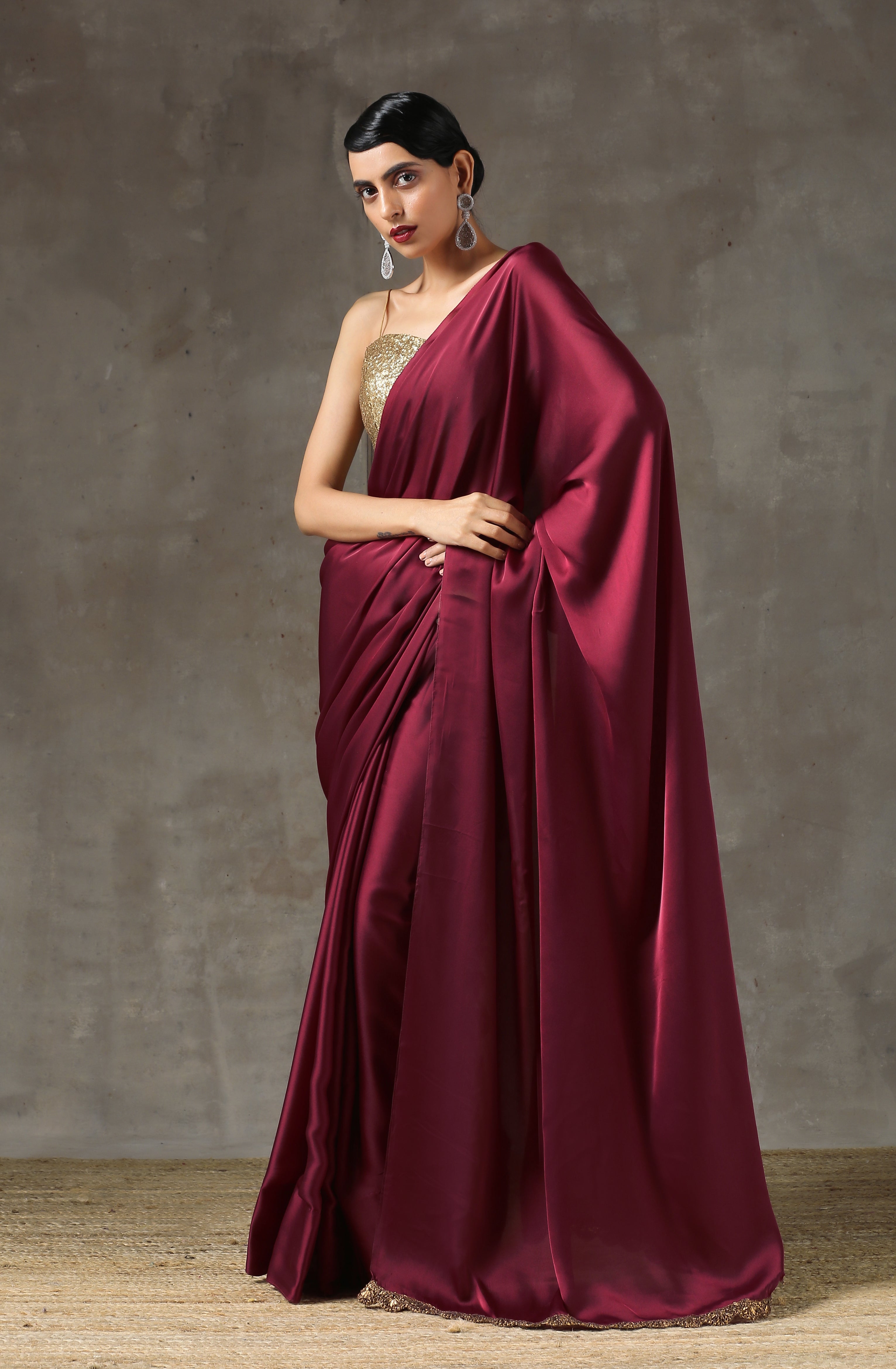 Dhiyona ST Sangria Satin Saree with Bronze Handmade Lace