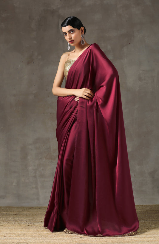 Dhiyona ST Sangria Satin Saree with Bronze Handmade Lace