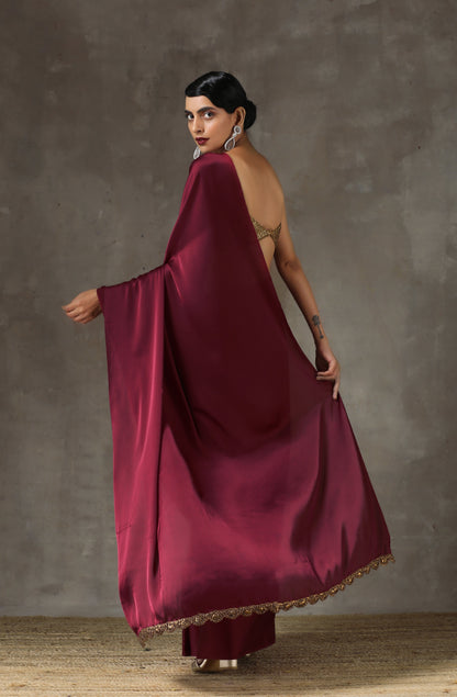 Dhiyona ST Sangria Satin Saree with Bronze Handmade Lace