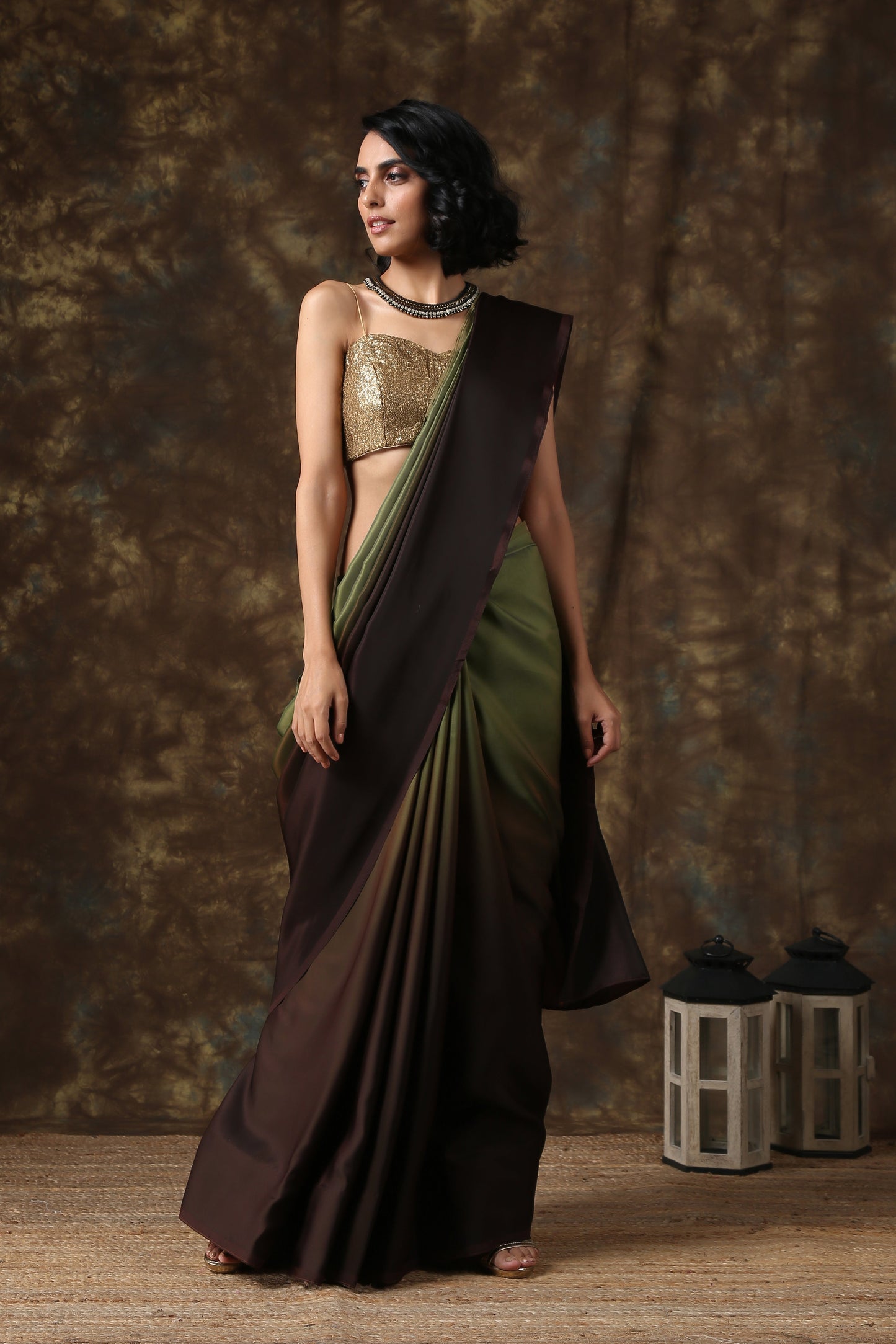 Dhiyona ST Dark Chocolate & Green Satin Ombre' Saree