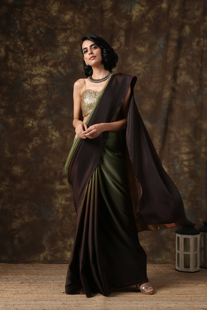 Dhiyona ST Dark Chocolate & Green Satin Ombre' Saree