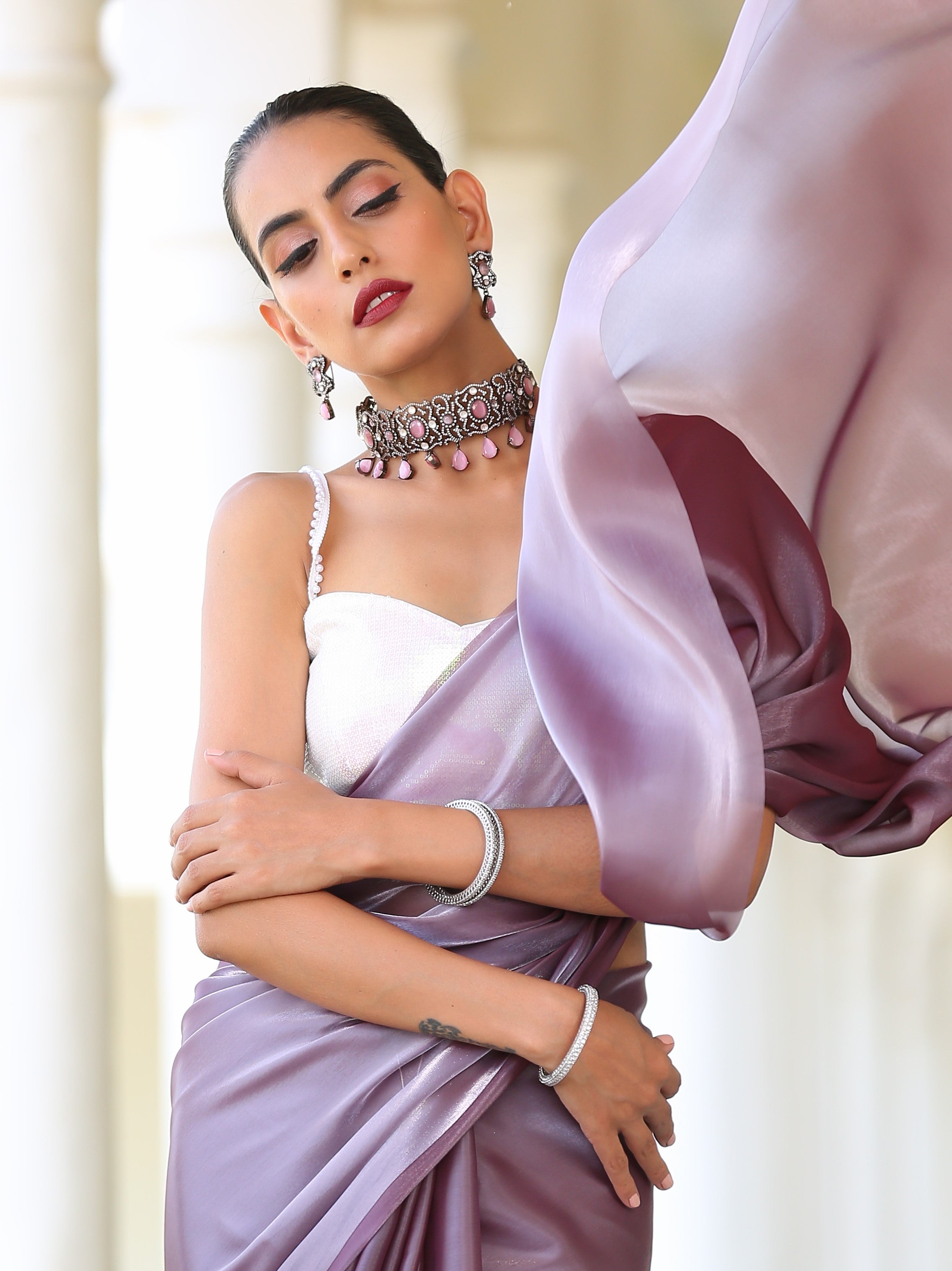 Dhiyona ST Blouse - White Iridescent Sequin with Ties