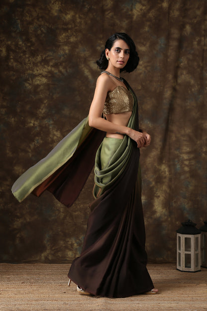 Dhiyona ST Dark Chocolate & Green Satin Ombre' Saree