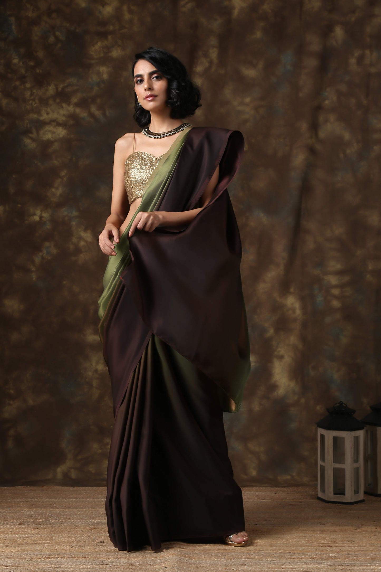 Dhiyona ST Dark Chocolate & Green Satin Ombre' Saree