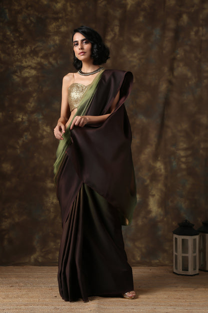 Dhiyona ST Dark Chocolate & Green Satin Ombre' Saree
