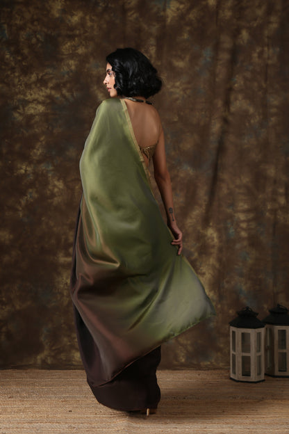 Dhiyona ST Dark Chocolate & Green Satin Ombre' Saree