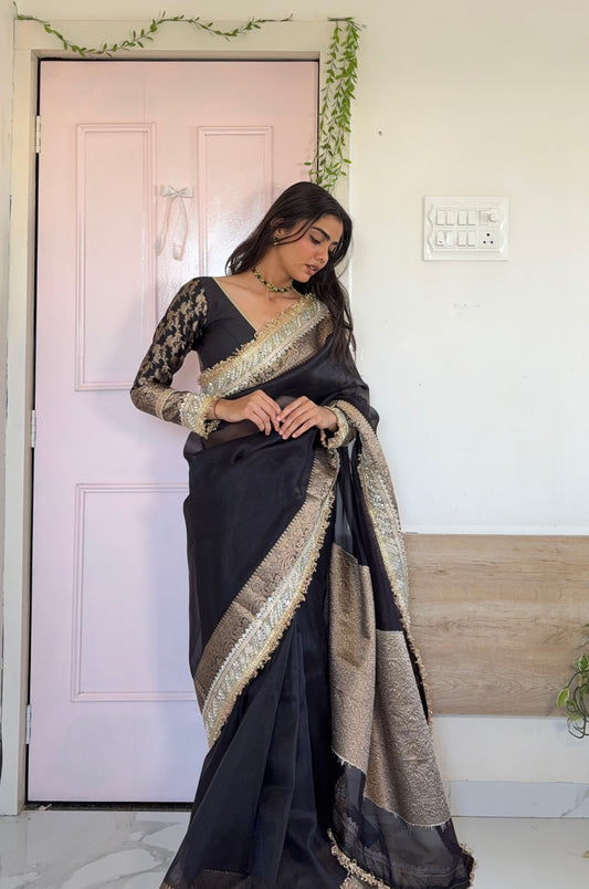 Dhiyona HH Royal Black Banarasi Riwaayat Tissue Silk Saree | Easy To Carry