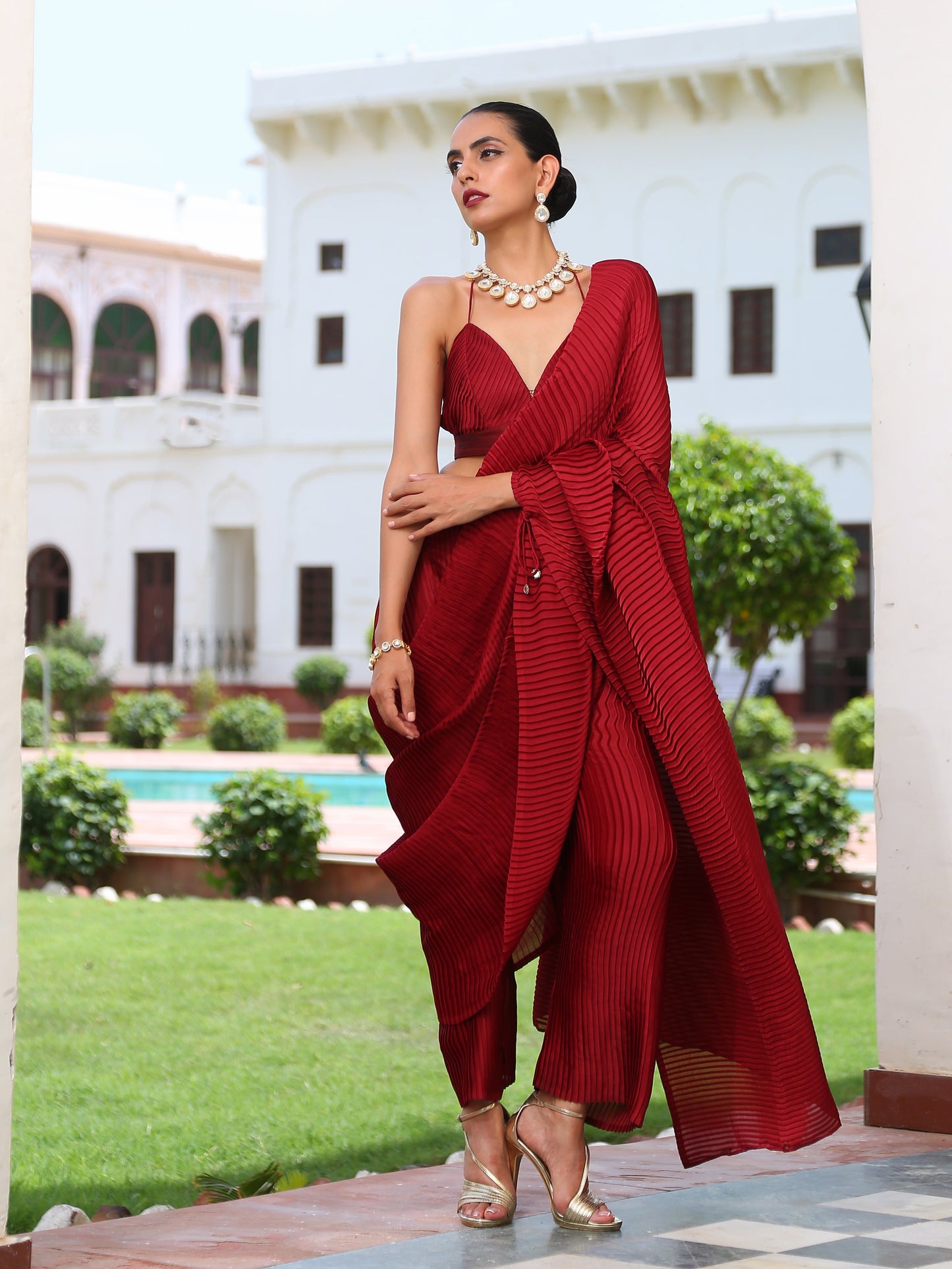 Dhiyona ST Women's Accordion Maroon Pre-Draped Saree with Self Arm-Tie 1 Piece | Festive Wear, (Satin)