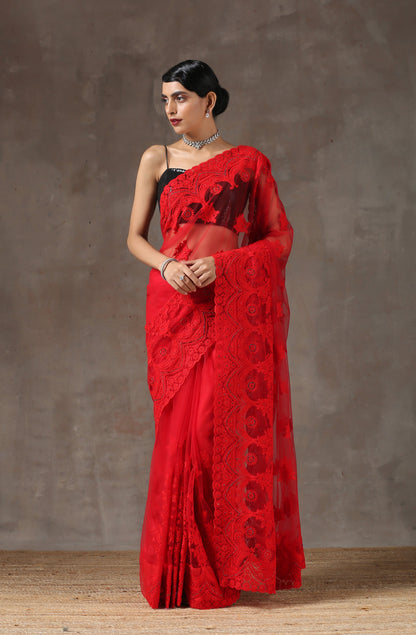Dhiyona ST Red Moulin Rouge Net Saree with Embroidery & Scalloping