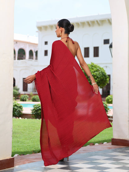 Dhiyona ST Women's Accordion Maroon Pre-Draped Saree with Self Arm-Tie 1 Piece | Festive Wear, (Satin)