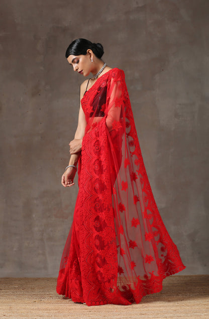 Dhiyona ST Red Moulin Rouge Net Saree with Embroidery & Scalloping