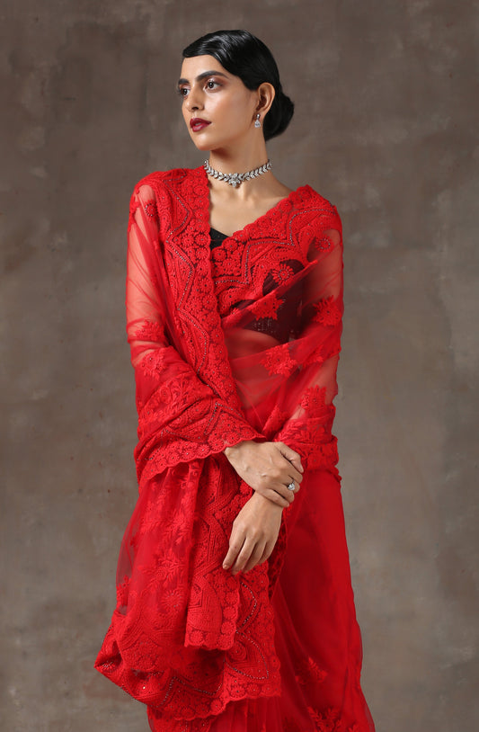 Dhiyona ST Red Moulin Rouge Net Saree with Embroidery & Scalloping