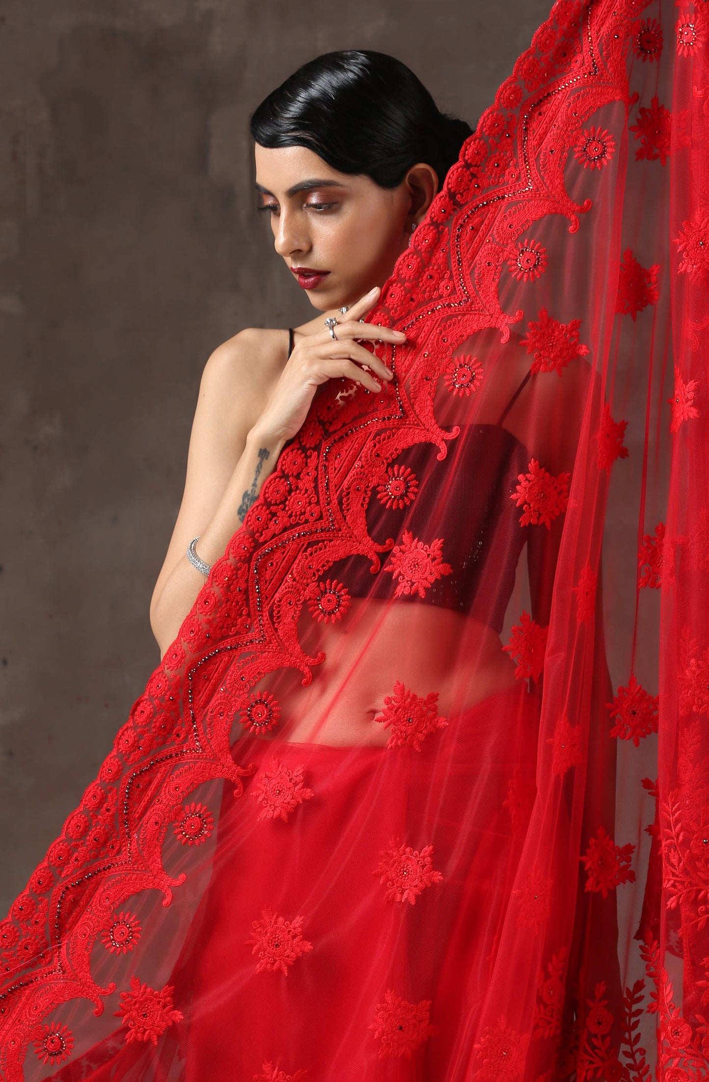 Dhiyona ST Red Moulin Rouge Net Saree with Embroidery & Scalloping