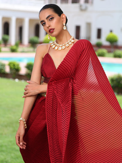 Dhiyona ST Women's Accordion Maroon Pre-Draped Saree with Self Arm-Tie 1 Piece | Festive Wear, (Satin)