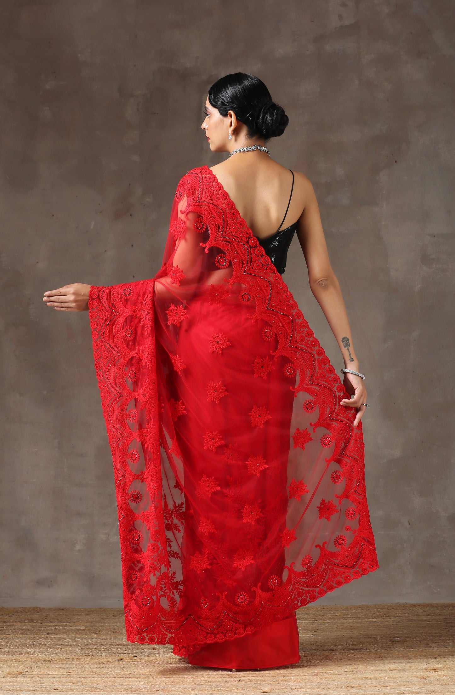 Dhiyona ST Red Moulin Rouge Net Saree with Embroidery & Scalloping