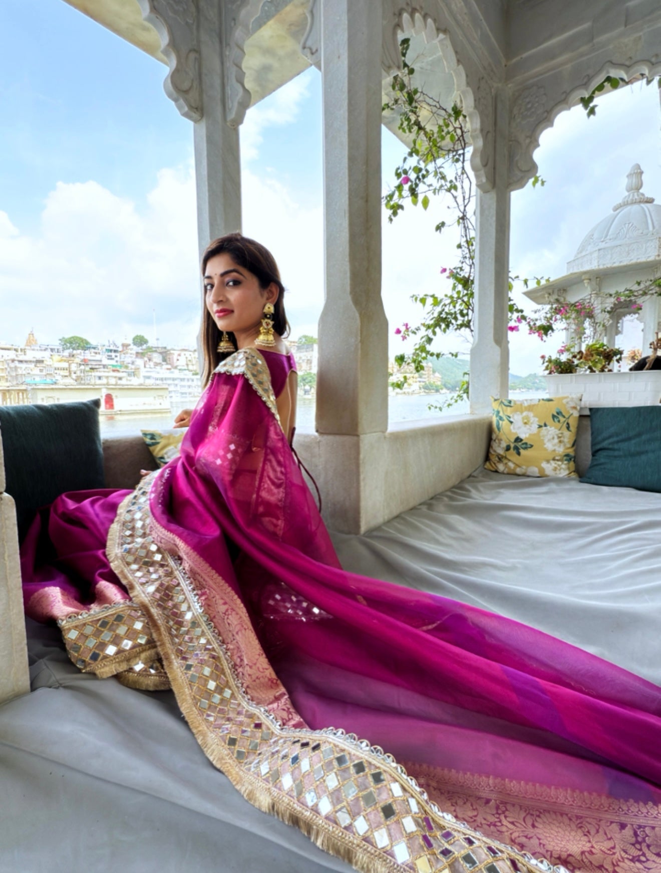 Dhiyona HH Magenta Pink Banarasi Rajwada Mirror Work Tissue Silk Saree