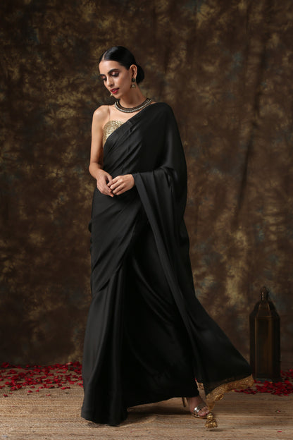 Dhiyona ST Luxurious Black Satin Saree with Dull Gold Lace and Pendants