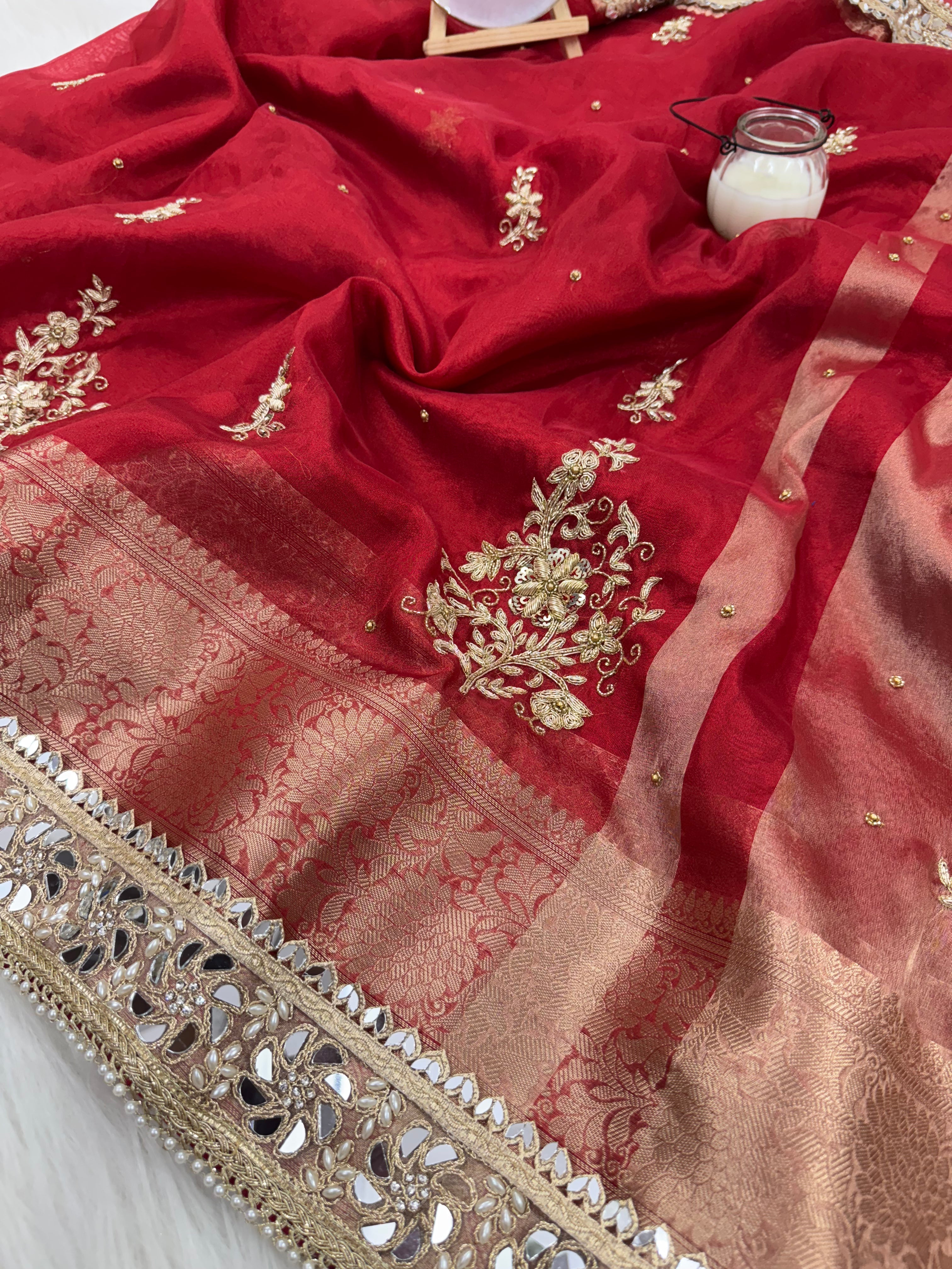 Dhiyona HH Royal Red Zardozi Handwork Banarasi Saree with Ritual Motifs and Mirrorwork