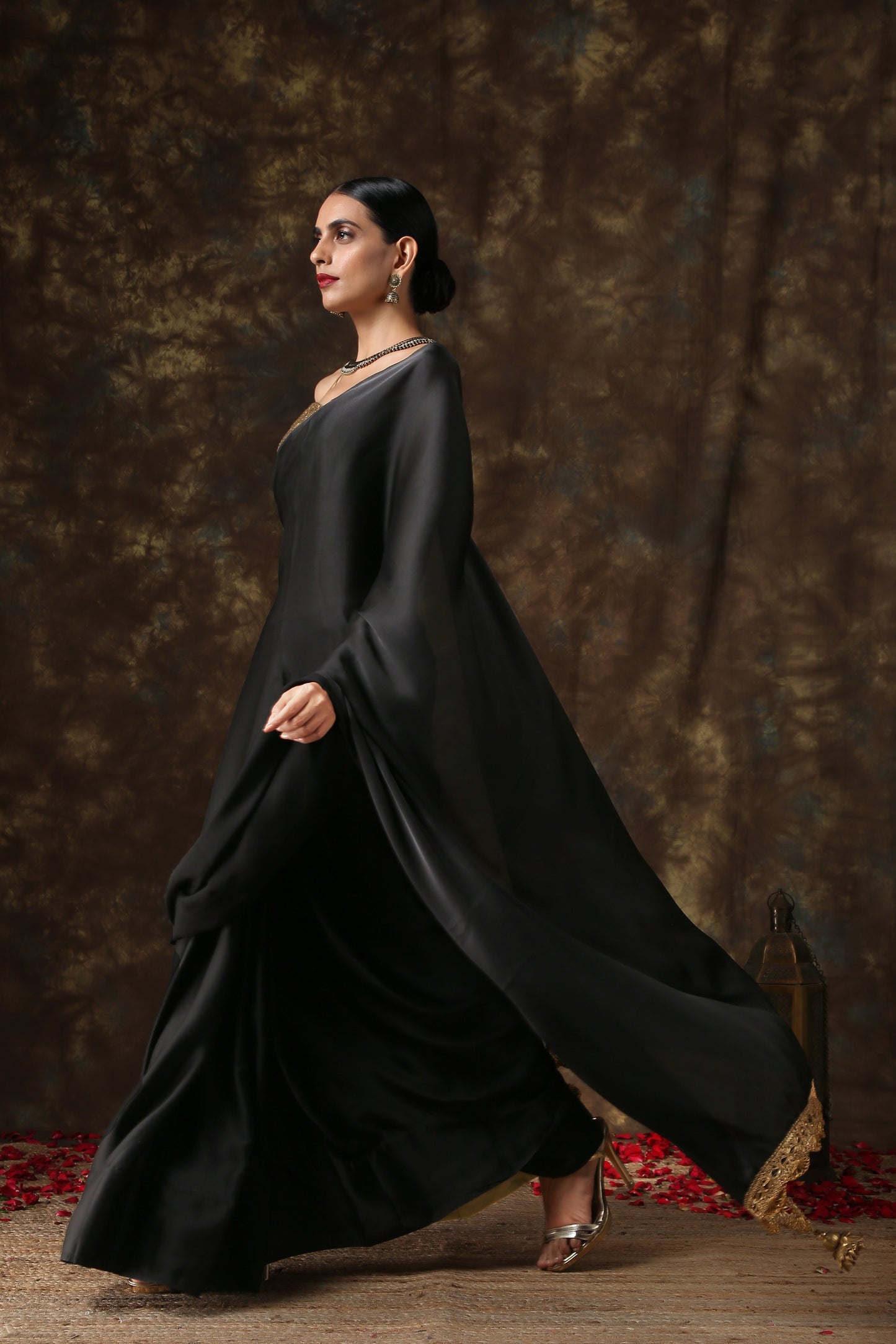 Dhiyona ST Luxurious Black Satin Saree with Dull Gold Lace and Pendants