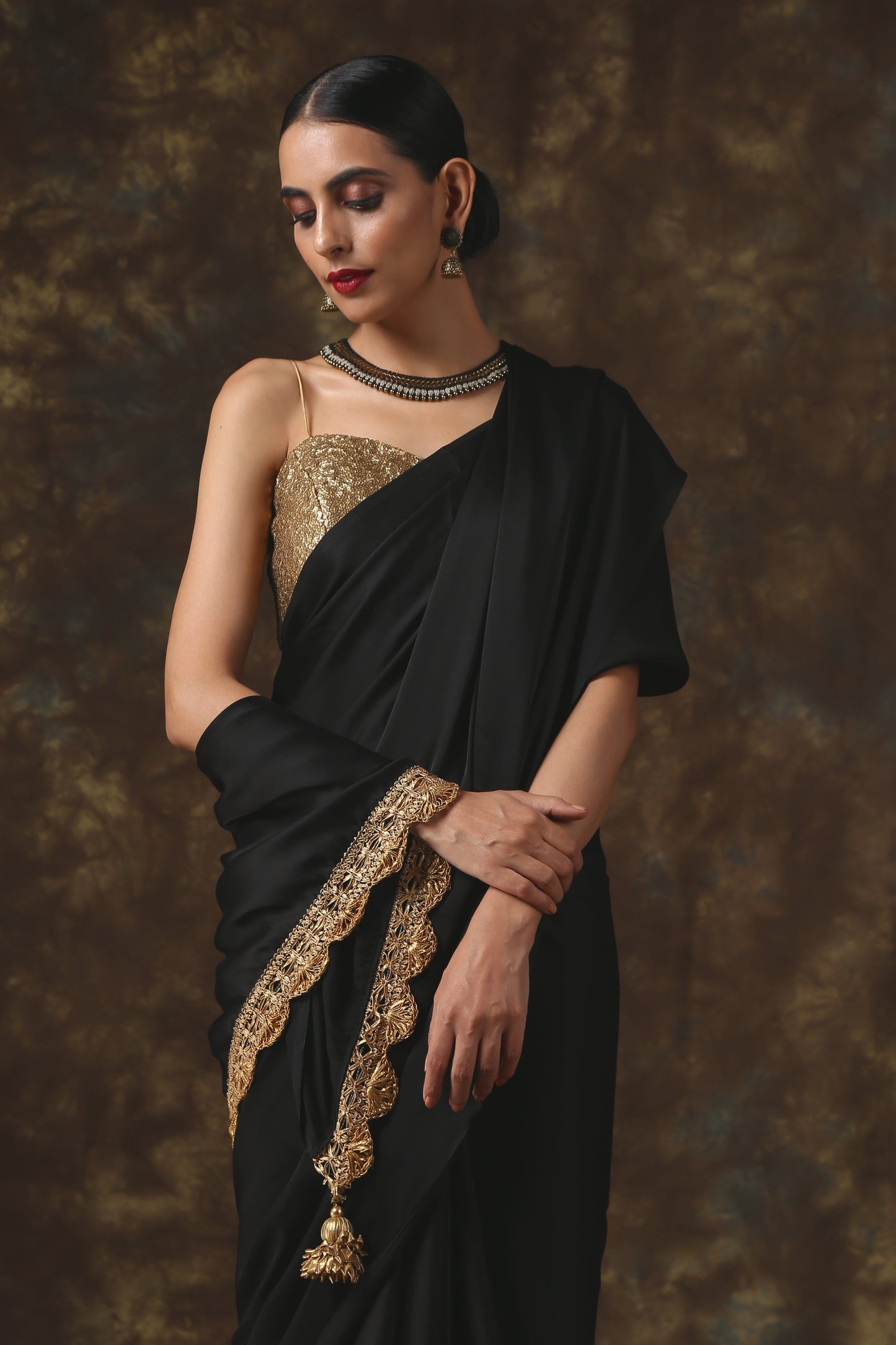 Dhiyona ST Luxurious Black Satin Saree with Dull Gold Lace and Pendants