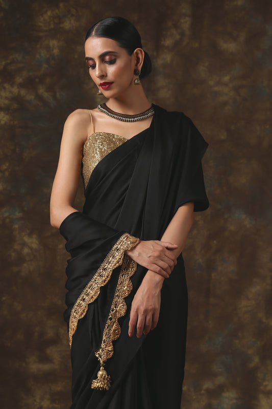 Dhiyona ST Luxurious Black Satin Saree with Dull Gold Lace and Pendants