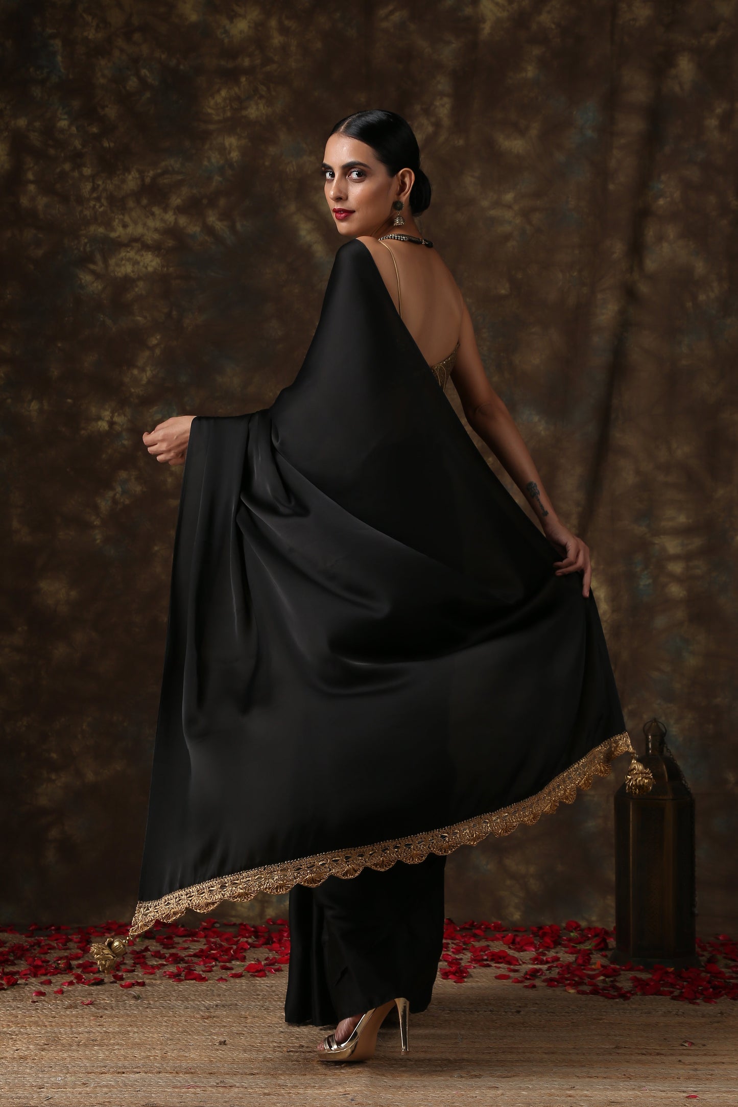Dhiyona ST Luxurious Black Satin Saree with Dull Gold Lace and Pendants