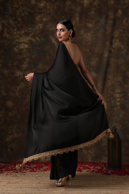 Dhiyona ST Luxurious Black Satin Saree with Dull Gold Lace and Pendants