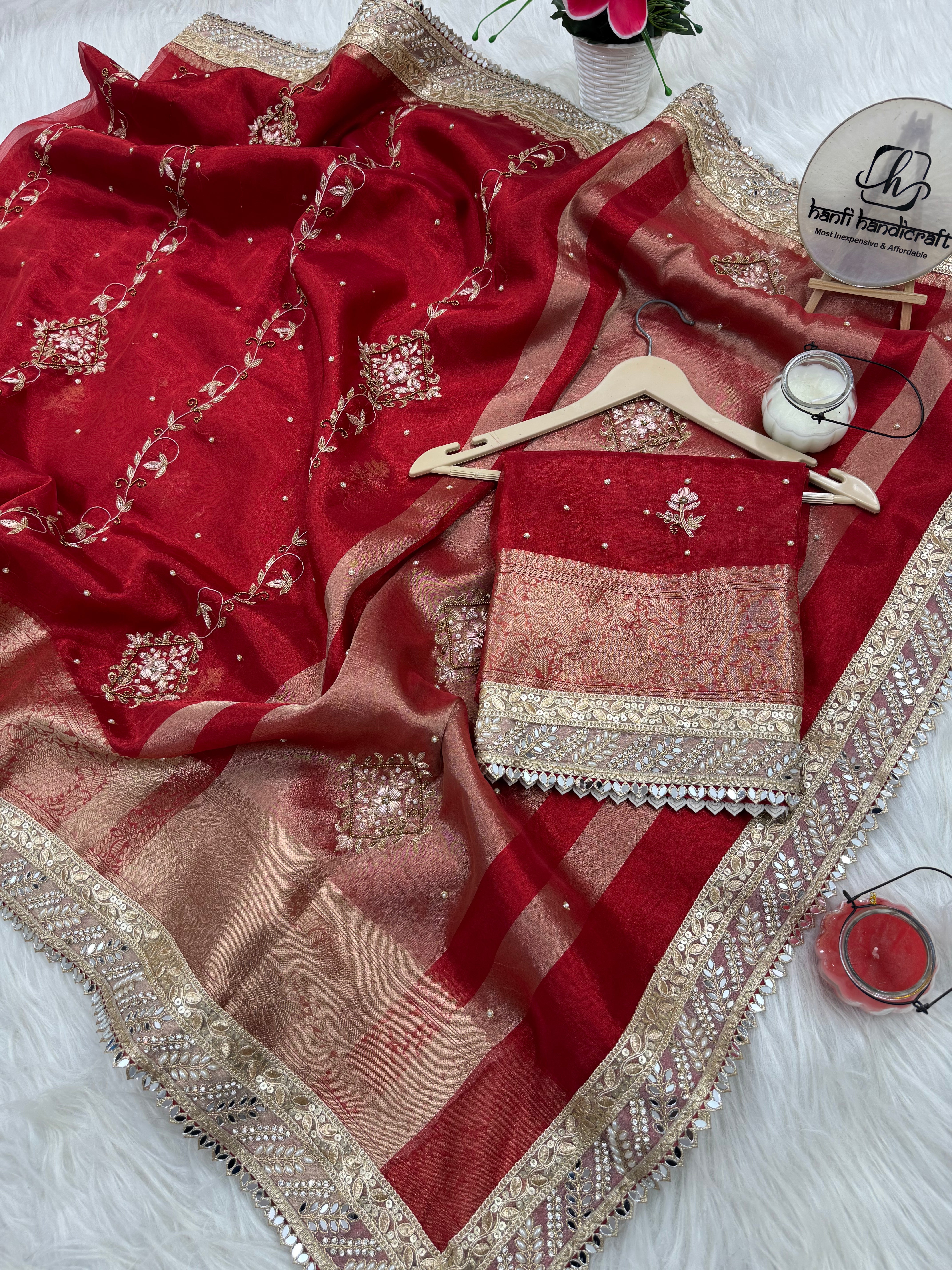 Dhiyona HH Premium Red Zardozi Handwork Banarasi Saree with Ritual Motifs and Mirrorwork