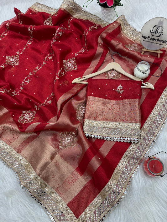 Dhiyona HH Premium Red Zardozi Handwork Banarasi Saree with Ritual Motifs and Mirrorwork