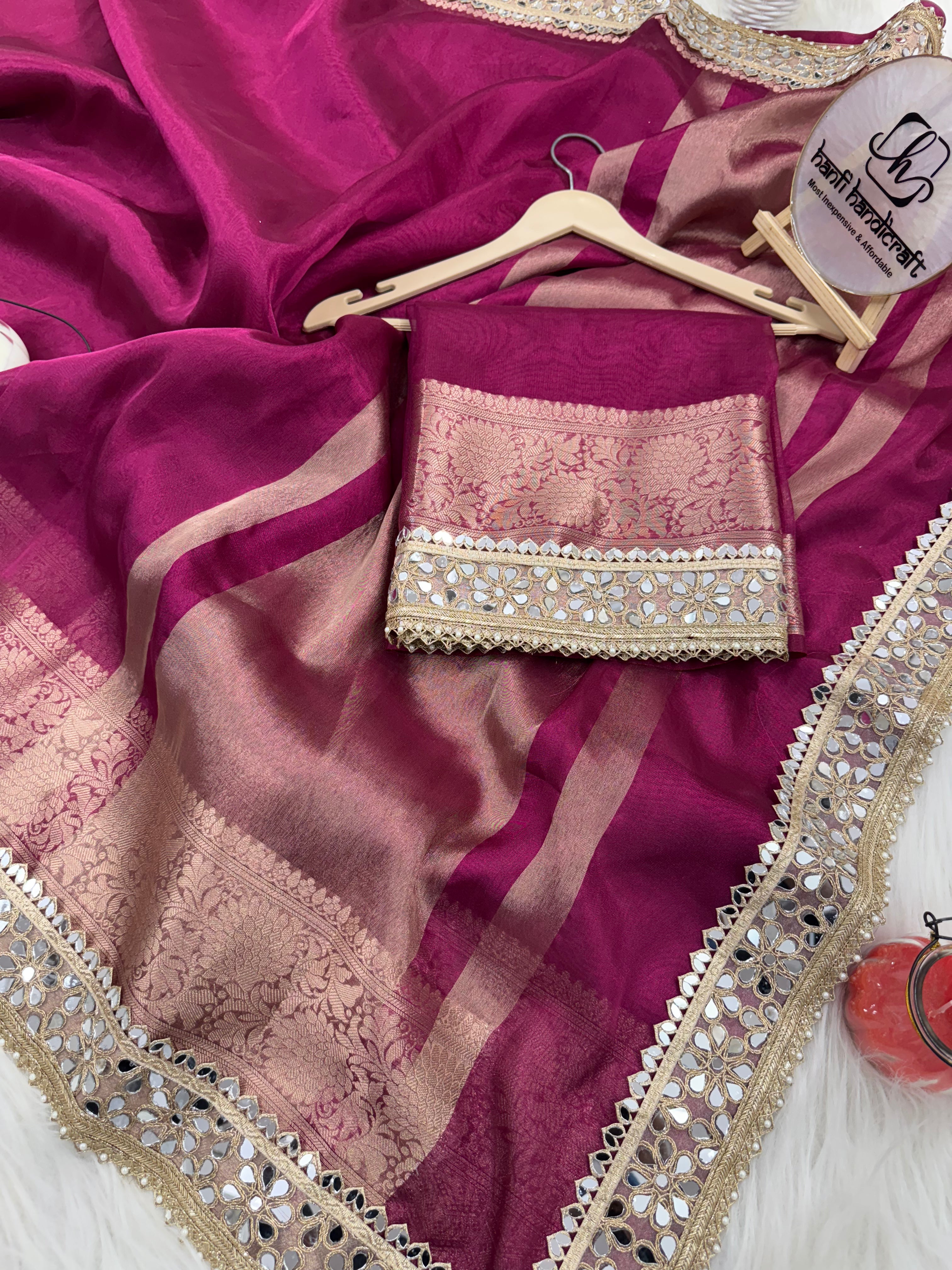 Dhiyona HH Magenta Pink Banarasi Rajkumari Mirror Work Tissue Silk Saree