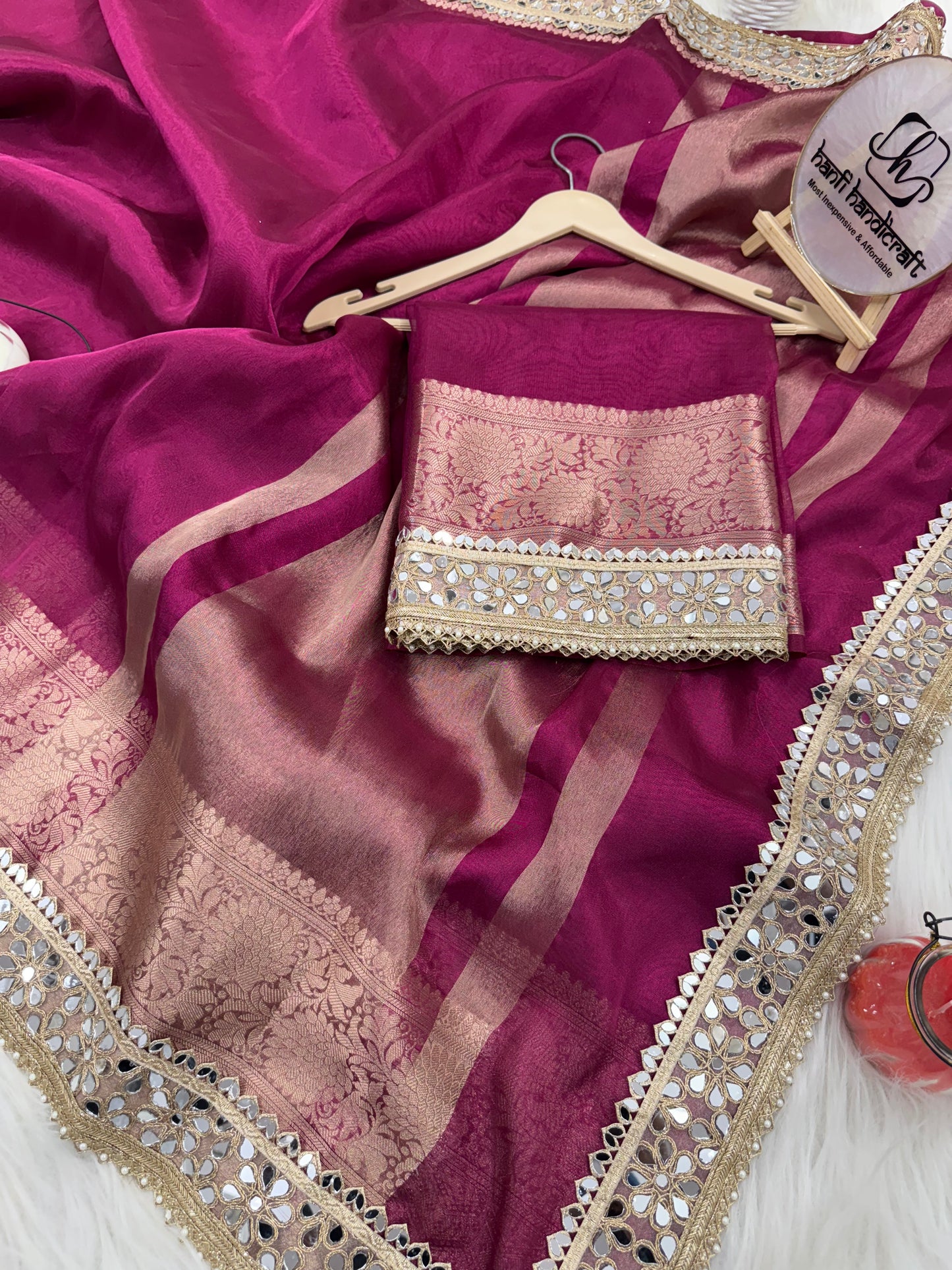 Dhiyona HH Magenta Pink Banarasi Rajkumari Mirror Work Tissue Silk Saree