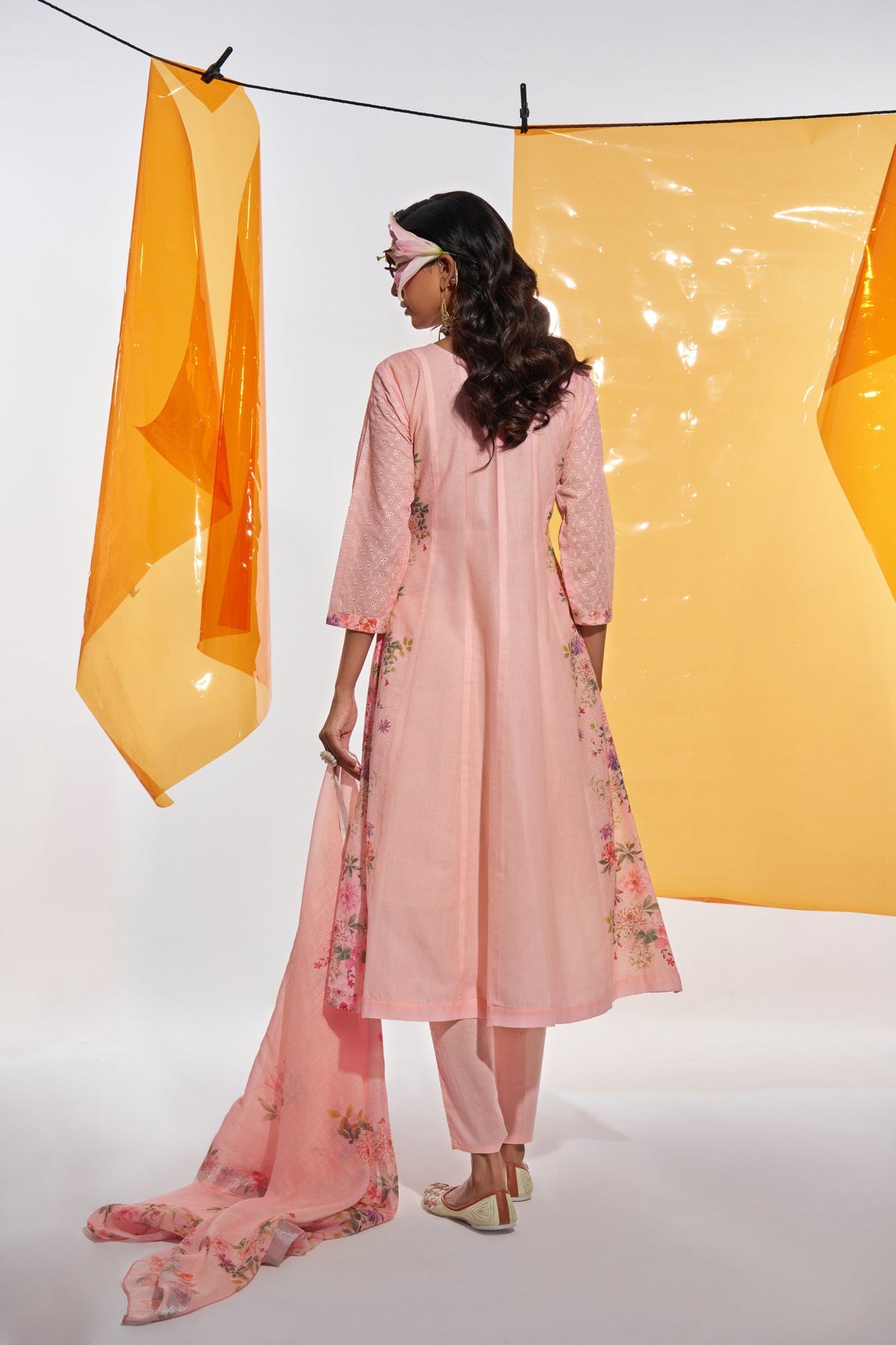 Jaideep Salmon Shchiffli Cotton Embroidered Suit Set