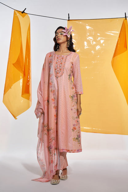 Jaideep Salmon Shchiffli Cotton Embroidered Suit Set