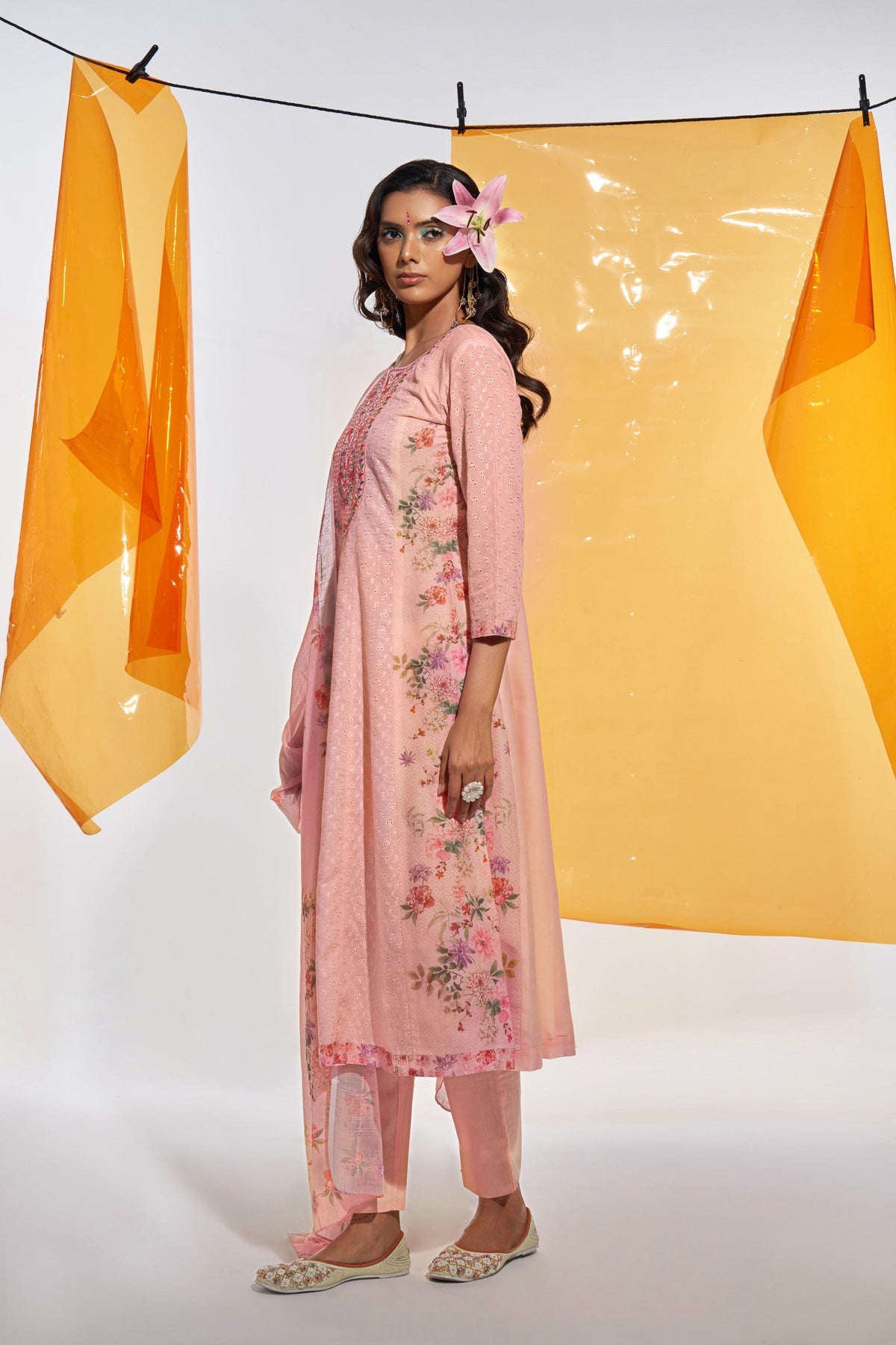Jaideep Salmon Shchiffli Cotton Embroidered Suit Set