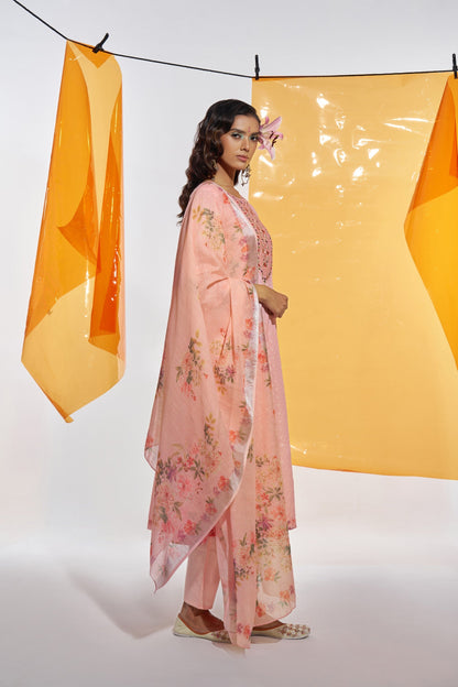 Jaideep Salmon Shchiffli Cotton Embroidered Suit Set