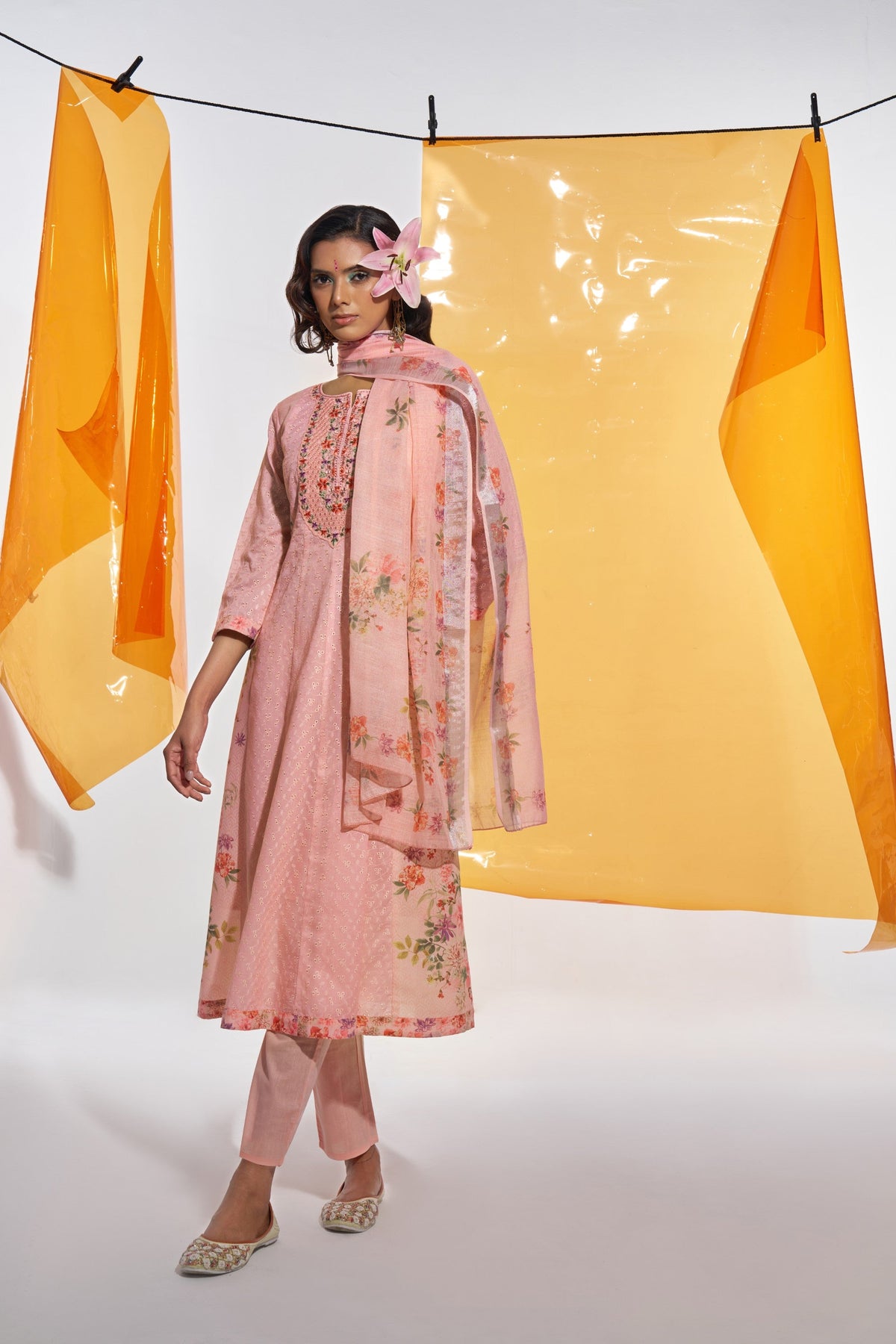 Jaideep Salmon Shchiffli Cotton Embroidered Suit Set