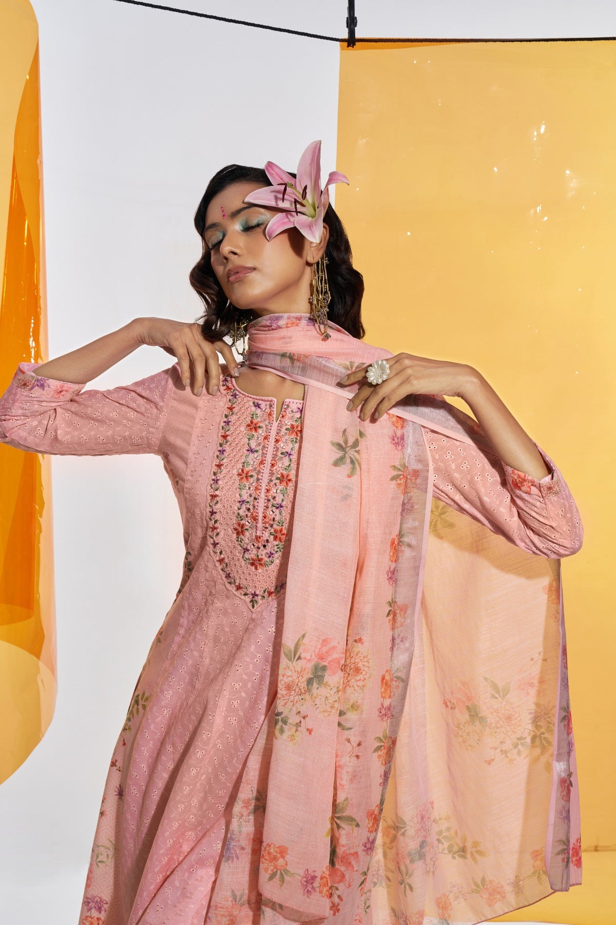 Jaideep Salmon Shchiffli Cotton Embroidered Suit Set